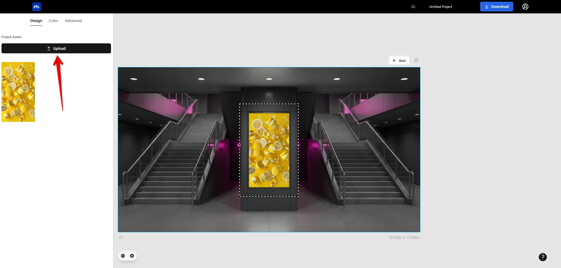 Mockup editor showing a subway billboard template with uploaded yellow poster design and upload button highlighted.